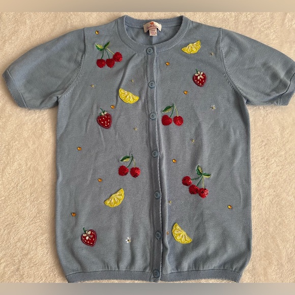 Quacker Factory Sweaters - Quacker Factory Fruit Embroidered Cardigan XXS Blue Sequin Lemon Strawberry